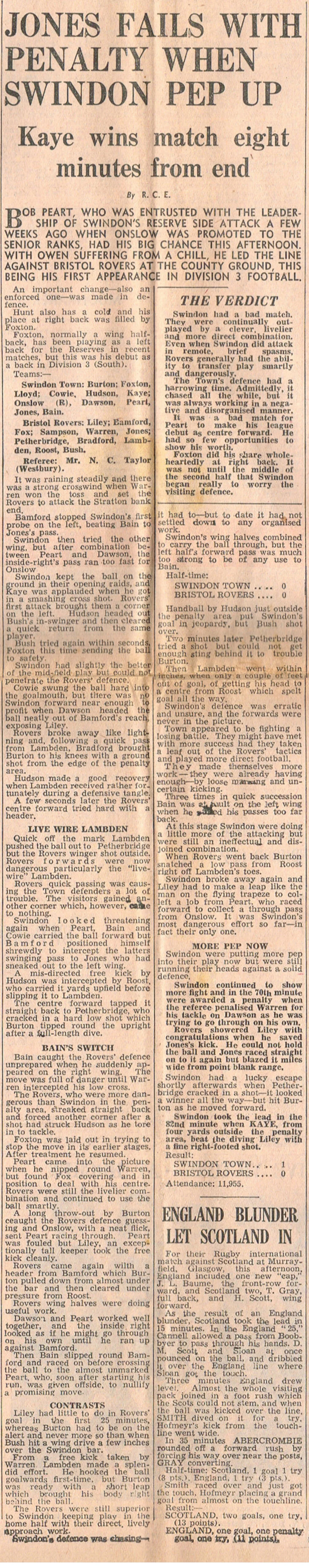  Swindon Town vs Bristol Rovers 1950 Match Report - Source:  Swindon Town FC  